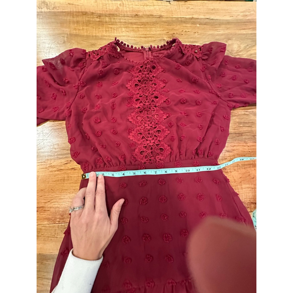 Lulus "Bohemian Dream" Burgundy Swiss dots and Lace Mini Dress - Picture 14 of 16
